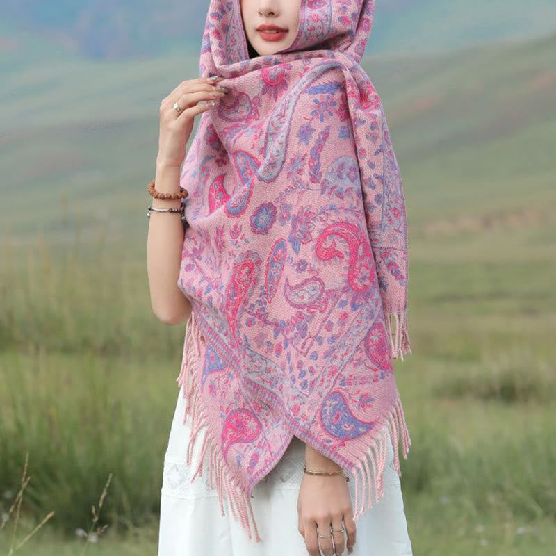 Chal de otoño-invierno suave y acogedor con borlas, hojas, flores de anacardo tibetanas , Buddha Stones y vid - Rojo rosa 70*180 cm - image 10