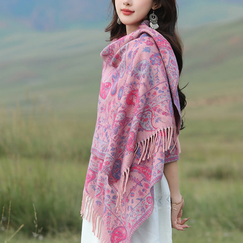 Chal de otoño-invierno suave y acogedor con borlas, hojas, flores de anacardo tibetanas , Buddha Stones y vid - image 12