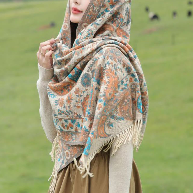 Chal de otoño-invierno suave y acogedor con borlas, hojas, flores de anacardo tibetanas , Buddha Stones y vid - image 16