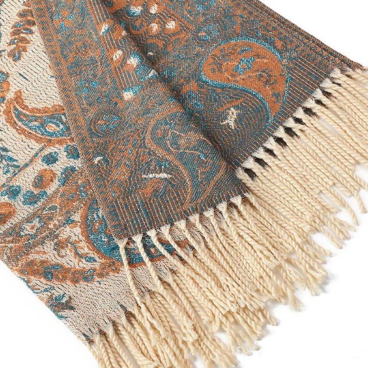 Chal de otoño-invierno suave y acogedor con borlas, hojas, flores de anacardo tibetanas , Buddha Stones y vid - image 25