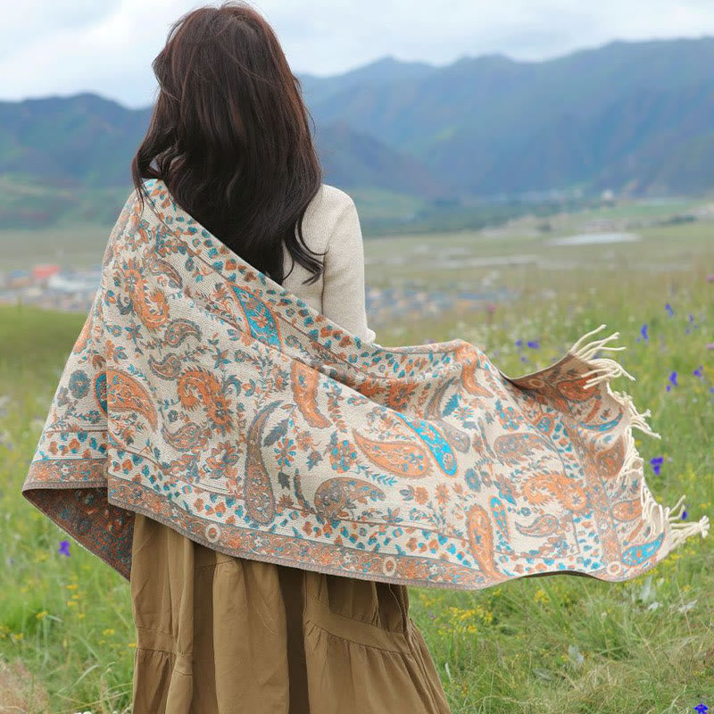 Chal de otoño-invierno suave y acogedor con borlas, hojas, flores de anacardo tibetanas , Buddha Stones y vid - image 18