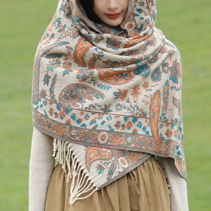 Chal de otoño-invierno suave y acogedor con borlas, hojas, flores de anacardo tibetanas , Buddha Stones y vid - image 20