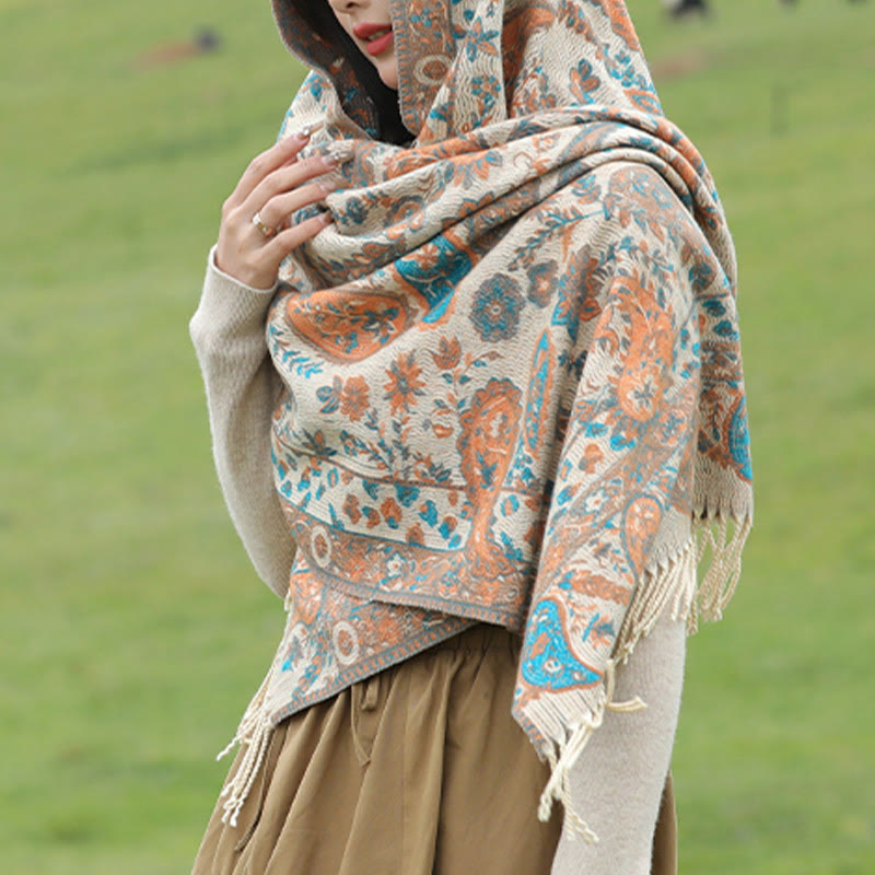 Chal de otoño-invierno suave y acogedor con borlas, hojas, flores de anacardo tibetanas , Buddha Stones y vid - image 21