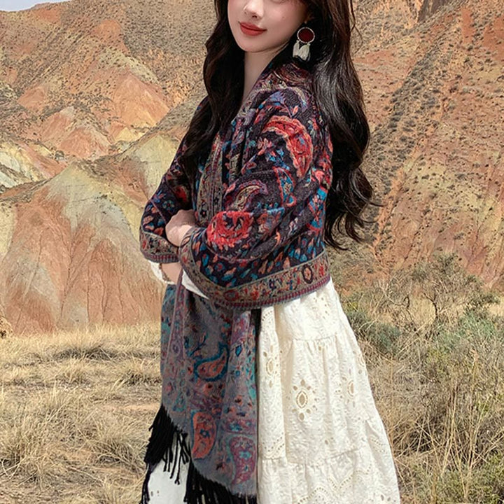 Chal de otoño-invierno suave y acogedor con borlas, hojas, flores de anacardo tibetanas , Buddha Stones y vid - image 32