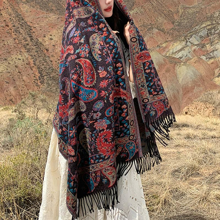 Chal de otoño-invierno suave y acogedor con borlas, hojas, flores de anacardo tibetanas , Buddha Stones y vid - image 28