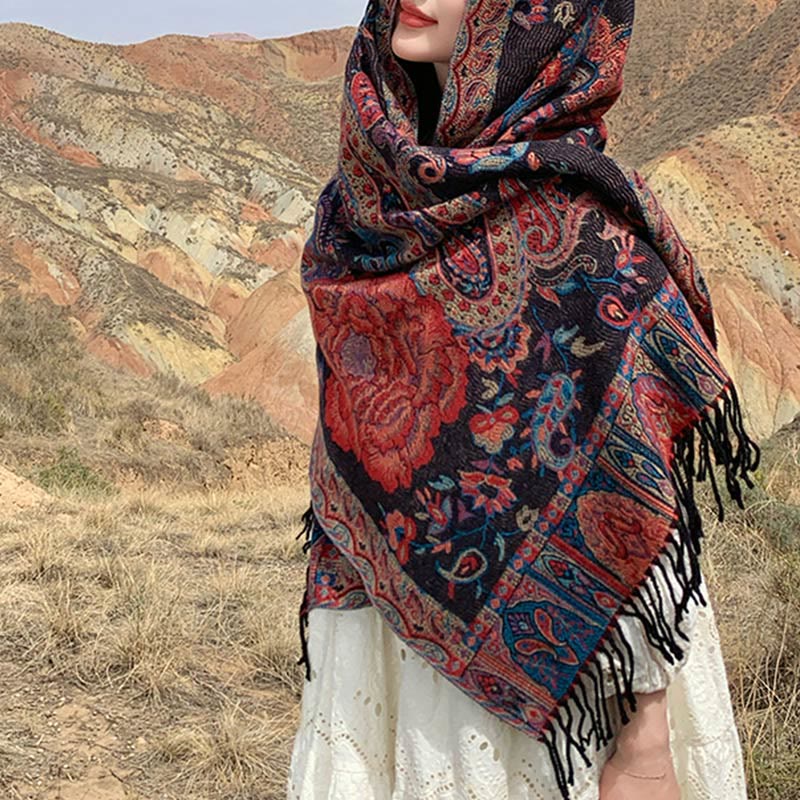 Chal de borlas con flores de peonía y anacardo tibetano , Buddha Stones , para otoño e invierno, bufanda acogedora - image 9