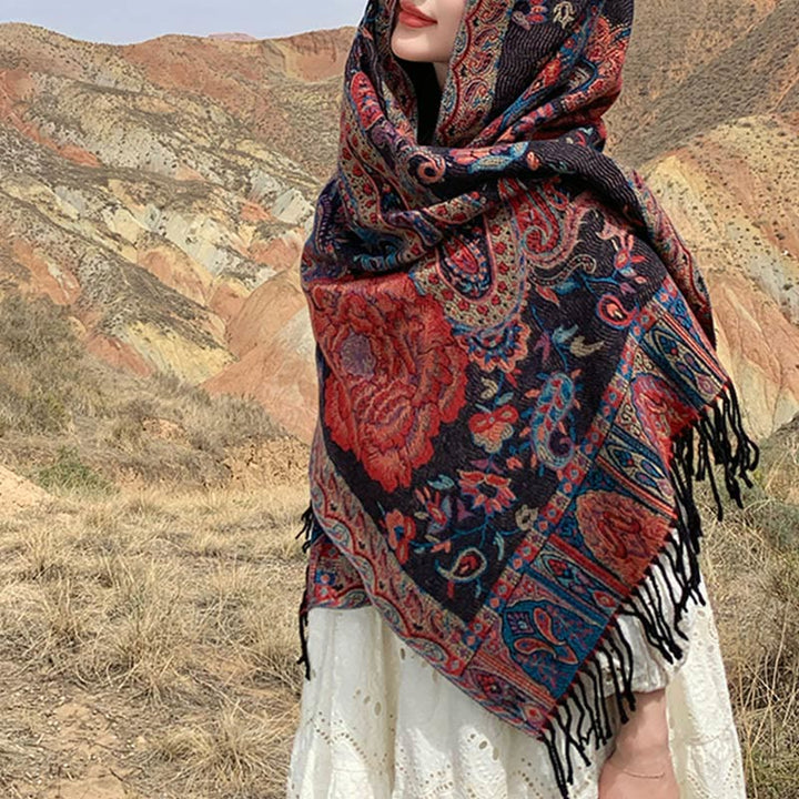 Chal de borlas con flores de peonía y anacardo tibetano , Buddha Stones , para otoño e invierno, bufanda acogedora - image 9