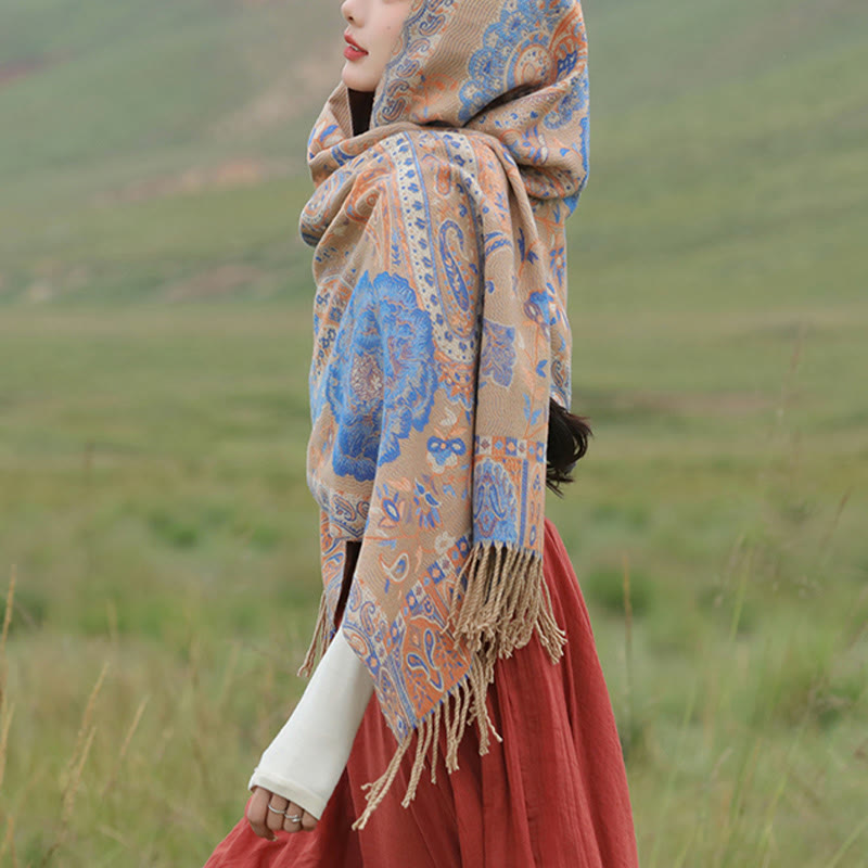 Chal de borlas con flores de peonía y anacardo tibetano , Buddha Stones , para otoño e invierno, bufanda acogedora - image 27