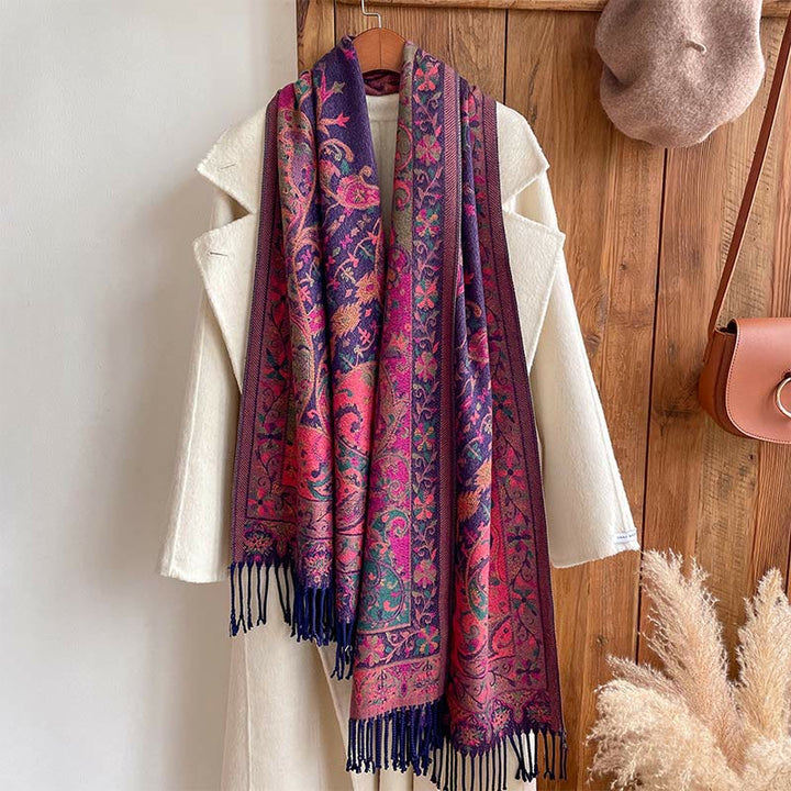 Chal de borlas con diseño de flores de anacardo tibetanas y Buddha Stones para otoño e invierno, suave bufanda envolvente