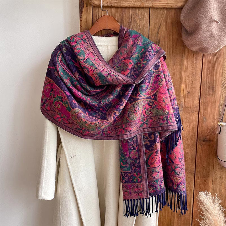 Chal de borlas con diseño de flores de anacardo tibetanas y Buddha Stones para otoño e invierno, suave bufanda envolvente