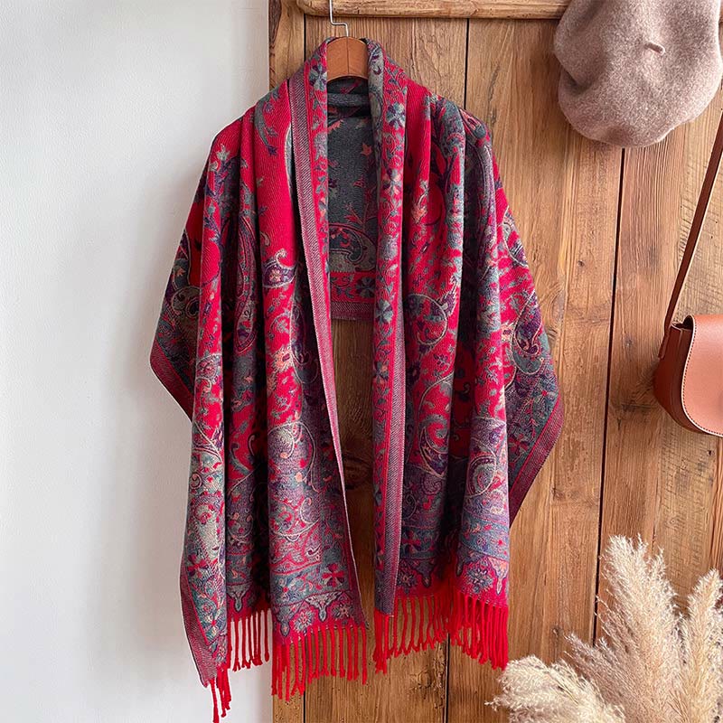 Chal de borlas con diseño de flores de anacardo tibetanas y Buddha Stones para otoño e invierno, suave bufanda envolvente