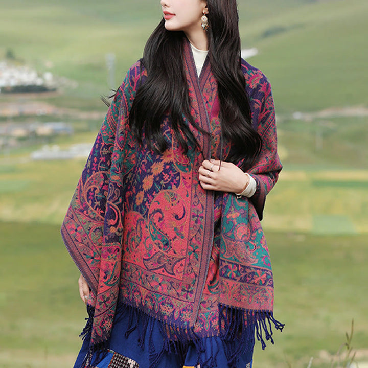 Chal de borlas con diseño de flores de anacardo tibetanas y Buddha Stones para otoño e invierno, suave bufanda envolvente - Púrpura - 200*65 cm - image 0