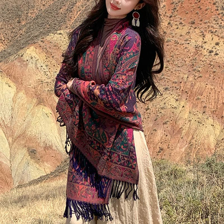 Chal de borlas con diseño de flores de anacardo tibetanas y Buddha Stones para otoño e invierno, suave bufanda envolvente