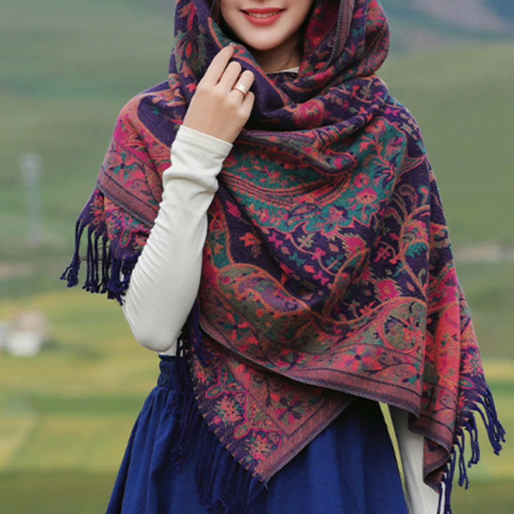 Chal de borlas con diseño de flores de anacardo tibetanas y Buddha Stones para otoño e invierno, suave bufanda envolvente - image 1