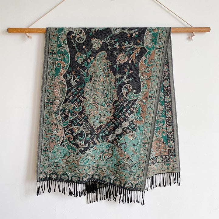 Chal de borlas con diseño de flores de anacardo tibetanas y Buddha Stones para otoño e invierno, suave bufanda envolvente