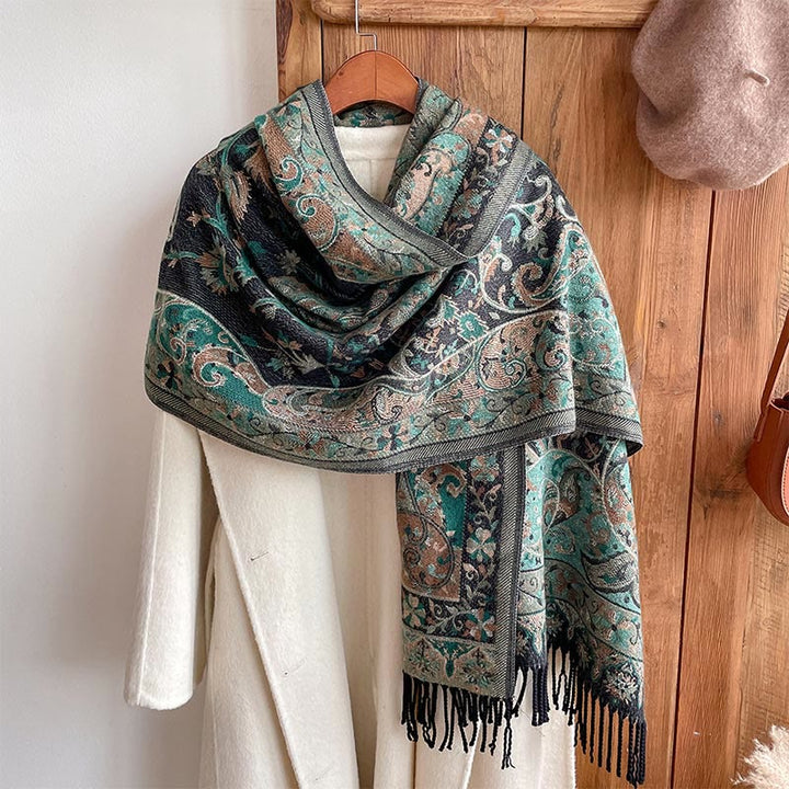 Chal de borlas con diseño de flores de anacardo tibetanas y Buddha Stones para otoño e invierno, suave bufanda envolvente