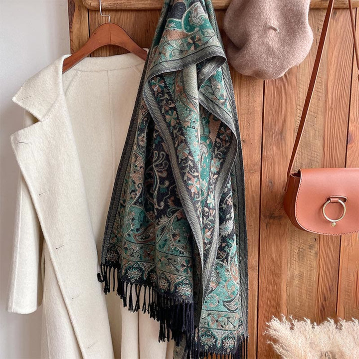 Chal de borlas con diseño de flores de anacardo tibetanas y Buddha Stones para otoño e invierno, suave bufanda envolvente - image 11