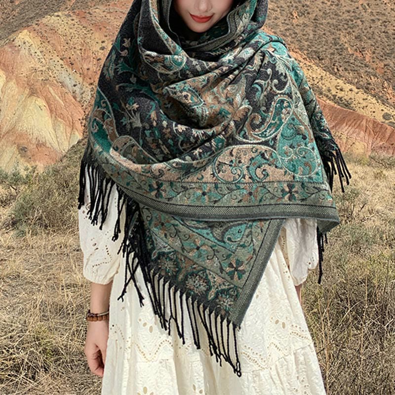 Chal de borlas con diseño de flores de anacardo tibetanas y Buddha Stones para otoño e invierno, suave bufanda envolvente