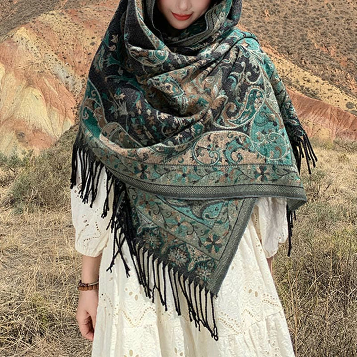 Chal de borlas con diseño de flores de anacardo tibetanas y Buddha Stones para otoño e invierno, suave bufanda envolvente
