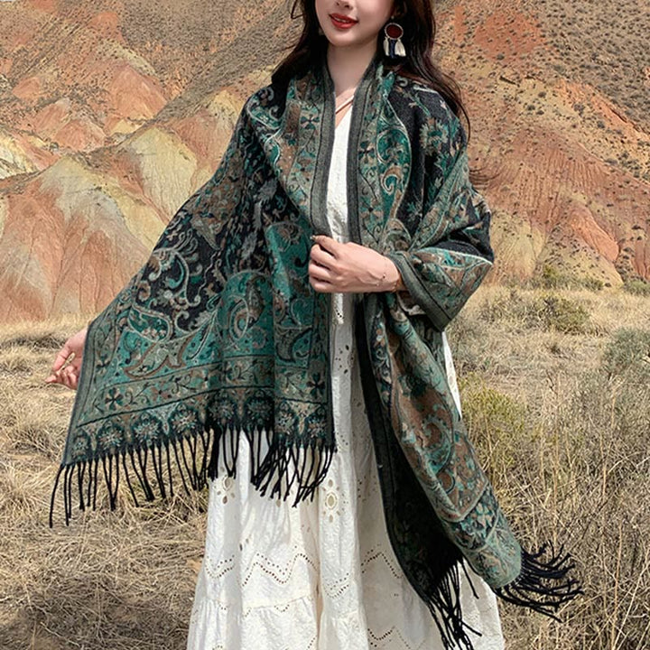 Chal de borlas con diseño de flores de anacardo tibetanas y Buddha Stones para otoño e invierno, suave bufanda envolvente - cian oscuro - 200*65 cm - image 7