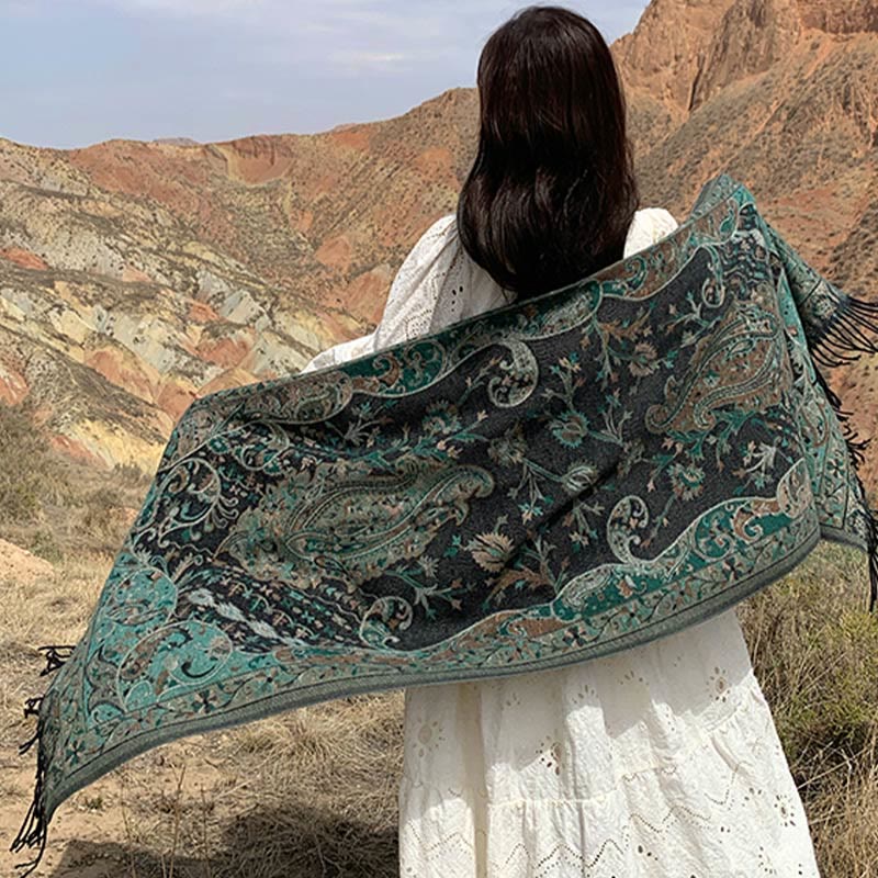 Chal de borlas con diseño de flores de anacardo tibetanas y Buddha Stones para otoño e invierno, suave bufanda envolvente - image 9