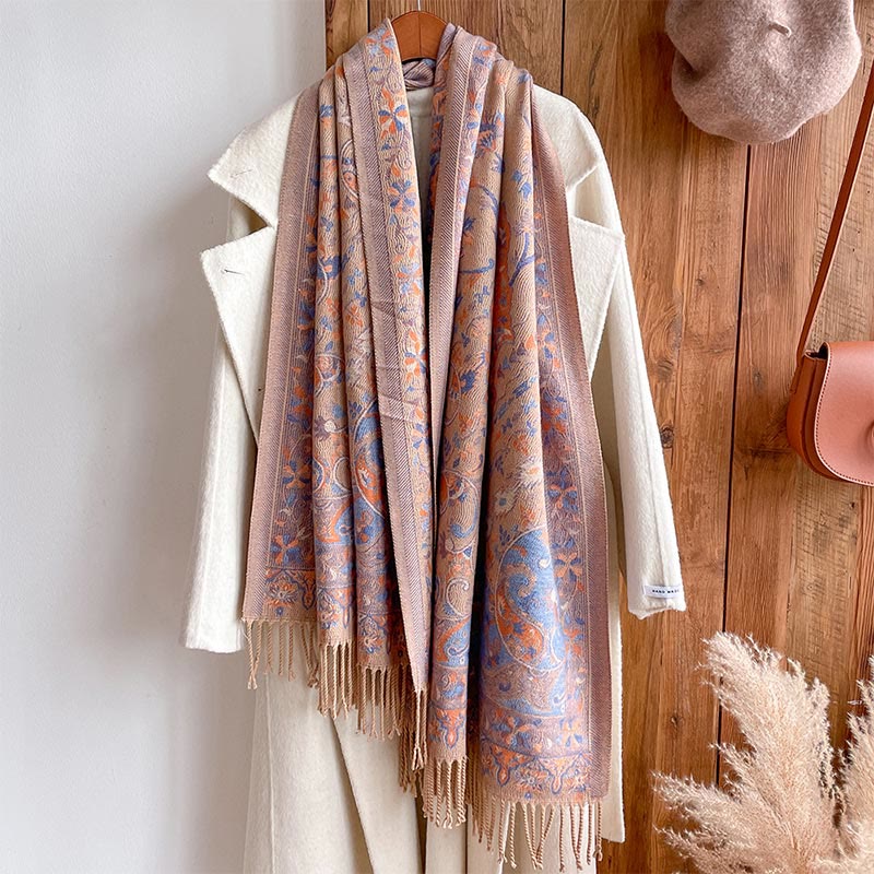 Chal de borlas con diseño de flores de anacardo tibetanas y Buddha Stones para otoño e invierno, suave bufanda envolvente