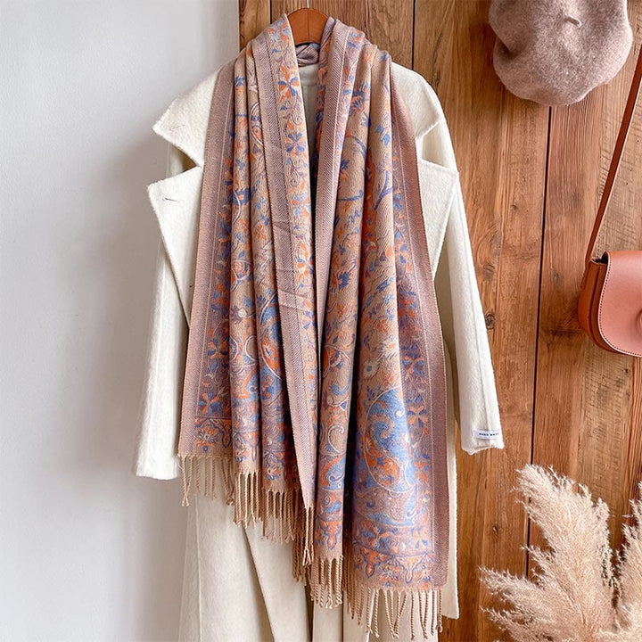 Chal de borlas con diseño de flores de anacardo tibetanas y Buddha Stones para otoño e invierno, suave bufanda envolvente
