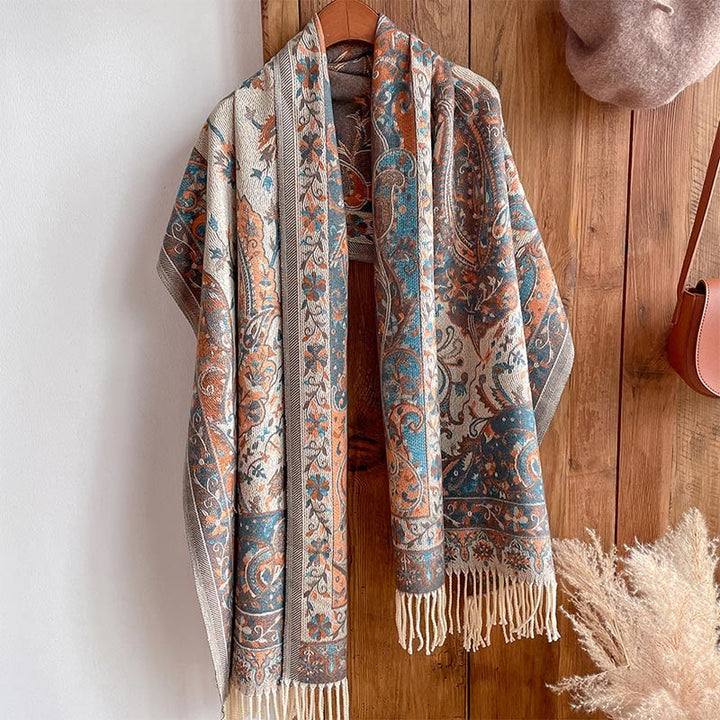 Chal de borlas con diseño de flores de anacardo tibetanas y Buddha Stones para otoño e invierno, suave bufanda envolvente