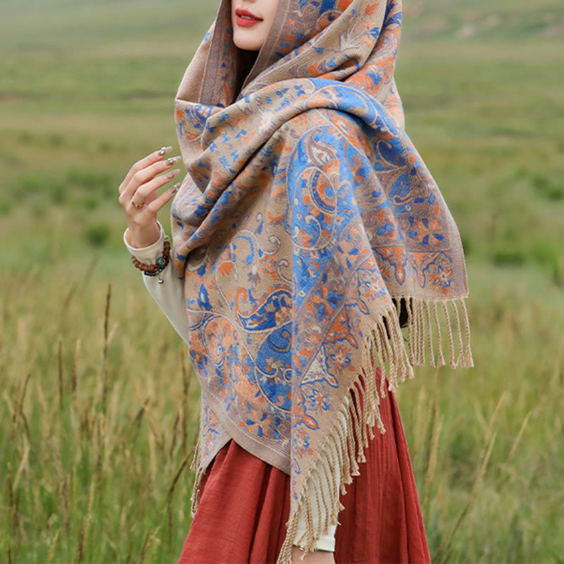 Chal de borlas con diseño de flores de anacardo tibetanas y Buddha Stones para otoño e invierno, suave bufanda envolvente - image 20