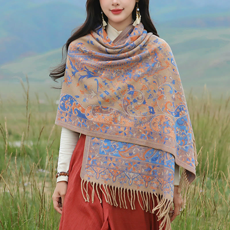 Chal de borlas con diseño de flores de anacardo tibetanas y Buddha Stones para otoño e invierno, suave bufanda envolvente - Caqui - 200*65 cm - image 19