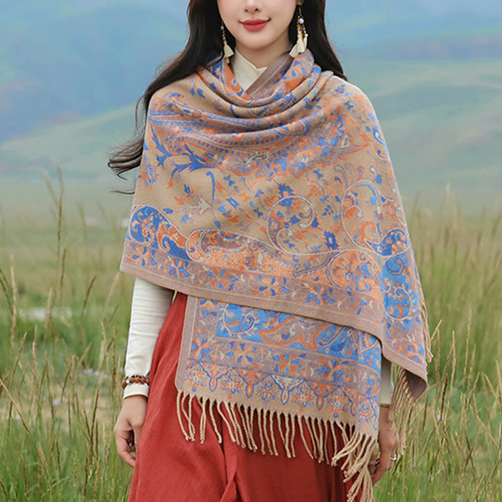 Chal de borlas con diseño de flores de anacardo tibetanas y Buddha Stones para otoño e invierno, suave bufanda envolvente - Caqui - 200*65 cm - image 19