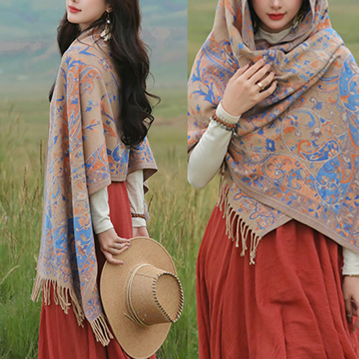 Chal de borlas con diseño de flores de anacardo tibetanas y Buddha Stones para otoño e invierno, suave bufanda envolvente