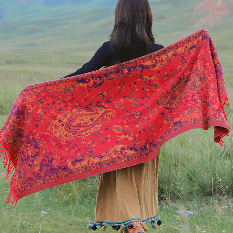 Chal de borlas con diseño de flores de anacardo tibetanas y Buddha Stones para otoño e invierno, suave bufanda envolvente - image 15