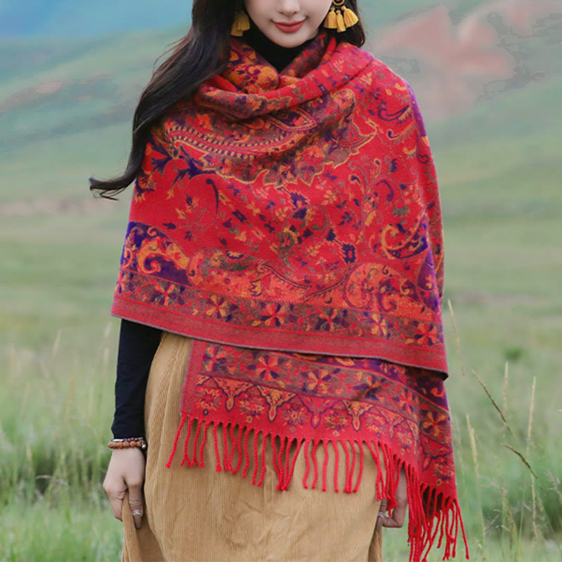 Chal de borlas con diseño de flores de anacardo tibetanas y Buddha Stones para otoño e invierno, suave bufanda envolvente