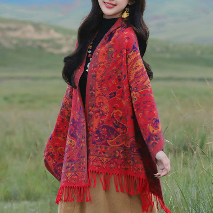 Chal de borlas con diseño de flores de anacardo tibetanas y Buddha Stones para otoño e invierno, suave bufanda envolvente - image 14