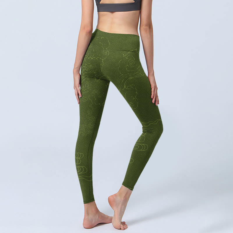 Leggings de yoga para mujer con estampado de ondas de nubes auspiciosas y Buddha Stones en color verde - image 4