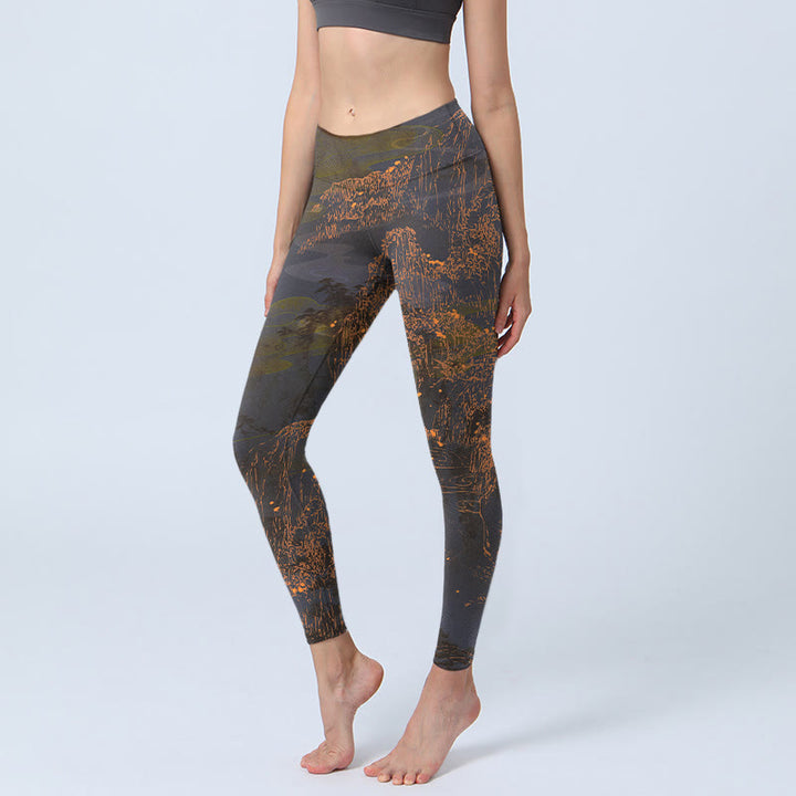 Leggings de yoga para mujer con estampado de nubes y montañas doradas y Buddha Stones - Marrón silla de montar - US18，UK/AU22，EU50 (4XL) - image 0
