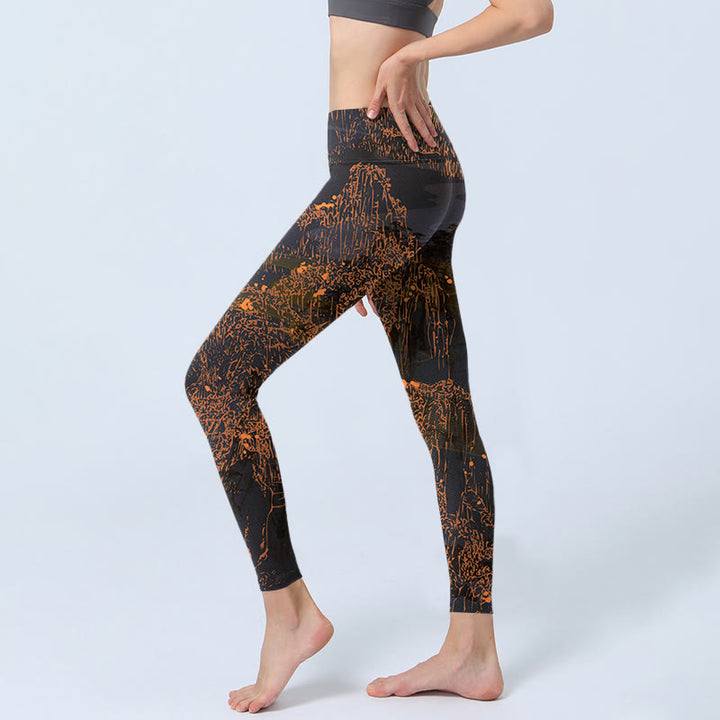 Leggings de yoga para mujer con estampado de nubes y montañas doradas y Buddha Stones - image 2