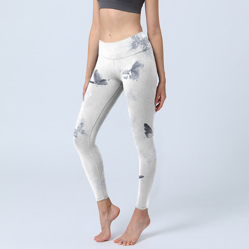 Leggings deportivos con estampado de mariposas en blanco y gris y Buddha Stones para mujer - Nieve - US18，UK/AU22，EU50 (4XL) - image 1