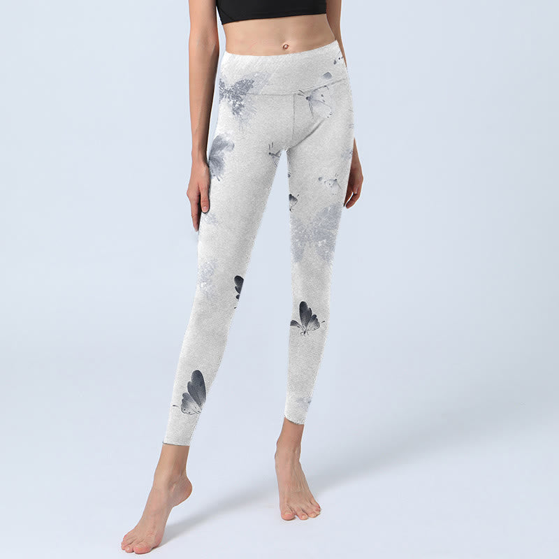 Leggings deportivos con estampado de mariposas en blanco y gris y Buddha Stones para mujer - image 6