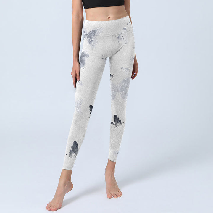 Leggings deportivos con estampado de mariposas en blanco y gris y Buddha Stones para mujer - image 5
