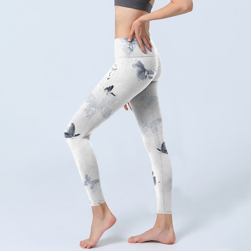 Leggings deportivos con estampado de mariposas en blanco y gris y Buddha Stones para mujer - image 2