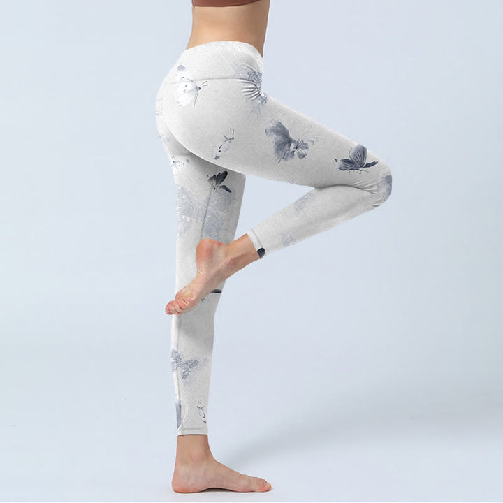Leggings deportivos con estampado de mariposas en blanco y gris y Buddha Stones para mujer - image 3