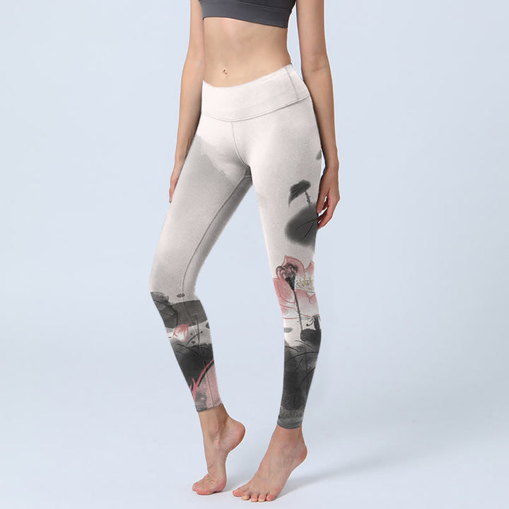 Pantalones de yoga para mujer con estampado de hojas y flores de loto y pintura en tinta de Buddha Stones - Humo blanco - US18，UK/AU22，EU50 (4XL) - image 0
