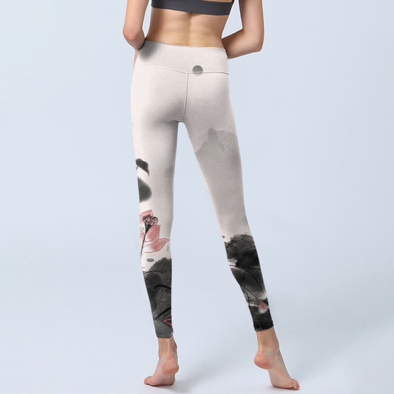 Pantalones de yoga para mujer con estampado de hojas y flores de loto y pintura en tinta de Buddha Stones - image 7