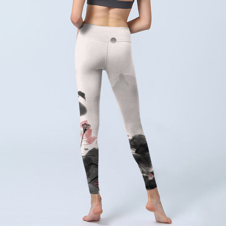 Pantalones de yoga para mujer con estampado de hojas y flores de loto y pintura en tinta de Buddha Stones - image 7
