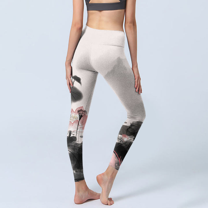 Pantalones de yoga para mujer con estampado de hojas y flores de loto y pintura en tinta de Buddha Stones - image 4