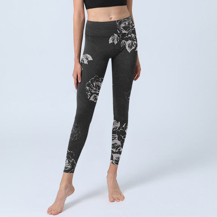 Leggings de fitness para gimnasio con estampado de flores de peonía y rosas grises y Buddha Stones , pantalones de yoga para mujer - image 5