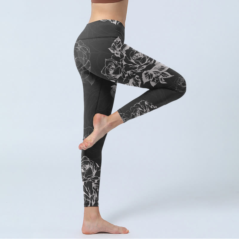 Leggings de fitness para gimnasio con estampado de flores de peonía y rosas grises y Buddha Stones , pantalones de yoga para mujer - image 3