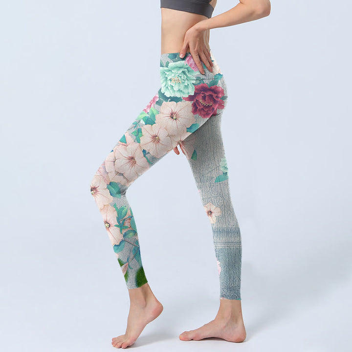 Leggings de fitness para gimnasio con estampado de flores de peonía coloridas y Buddha Stones para mujer - image 2